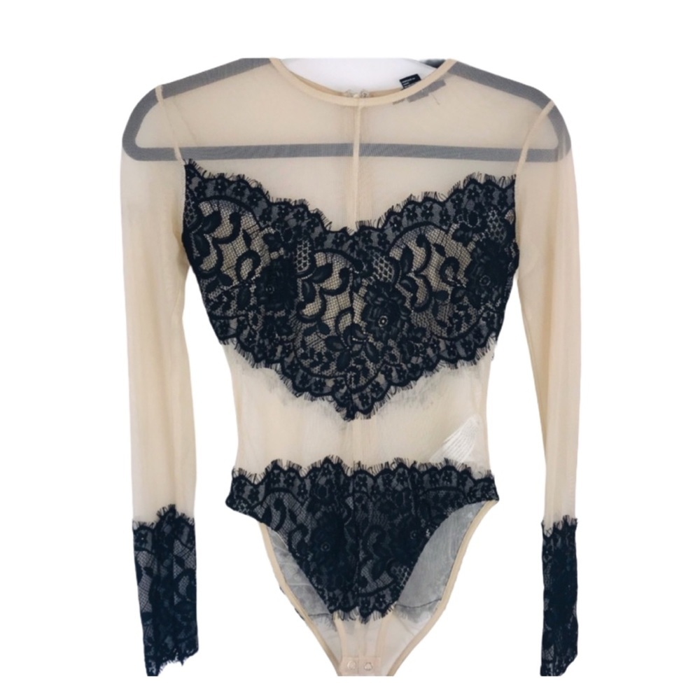 FOREVER 21 TAN BODYSUIT With black lace Bodysuit
